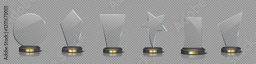 Glass award trophy set. Crystal winner prizes on transparent background. Acrylic winner cups. Realistic vector illustration set of trophy for sport competition, business achievement, recognition.