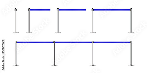 Belt barriers with stanchions and blue ropes. Set of security control metal pole posts. Airport entry rails, zone chrome dividers, vip barricades. Realistic vector illustrations.
