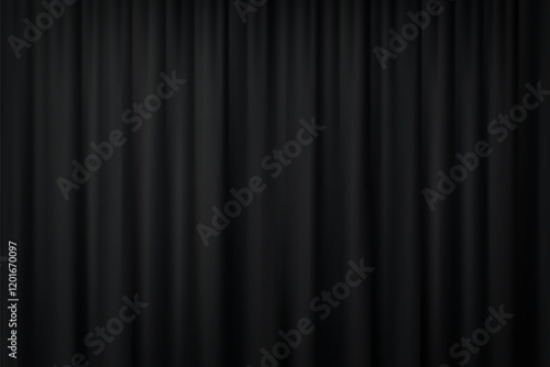 Black silk fabric luxury background. Vertical draped satin cloth texture curtain. Smooth shiny drape material curtain. Realistic modern vector banner.