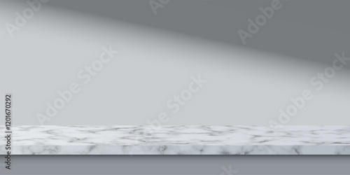 White marble countertop on gray wall. Empty kitchen table, bathroom shelf with stone texture isolated on gray background with shadow. 3D realistic vector realistic illustration.