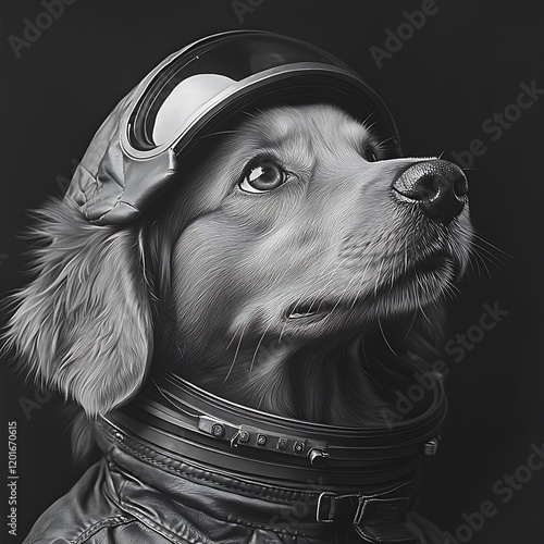 A stunning photorealistic portrait of a golden retriever puppy in a cosmonaut suit, wandering through space, black and white  photo