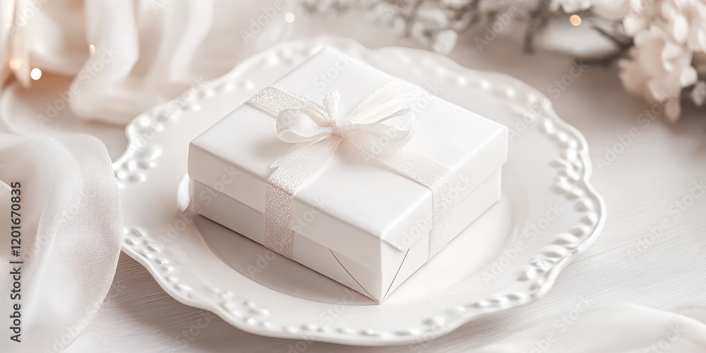 A refined, white gift box placed on a white plate, featuring shimmering highlights that add a touch of elegance to the overall presentation. A refined, white gift box placed on a white plate, featuring shimmering highlights that add a touch of elegance to the overall presentation.