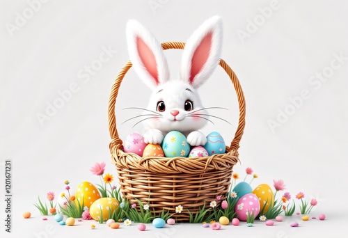 Cartoon  white bunny peeks from a wicker basket filled with colorful easter eggs on a sunny spring day. Empty space for text. Greeting cards, festive banners, educational materials, and social media photo