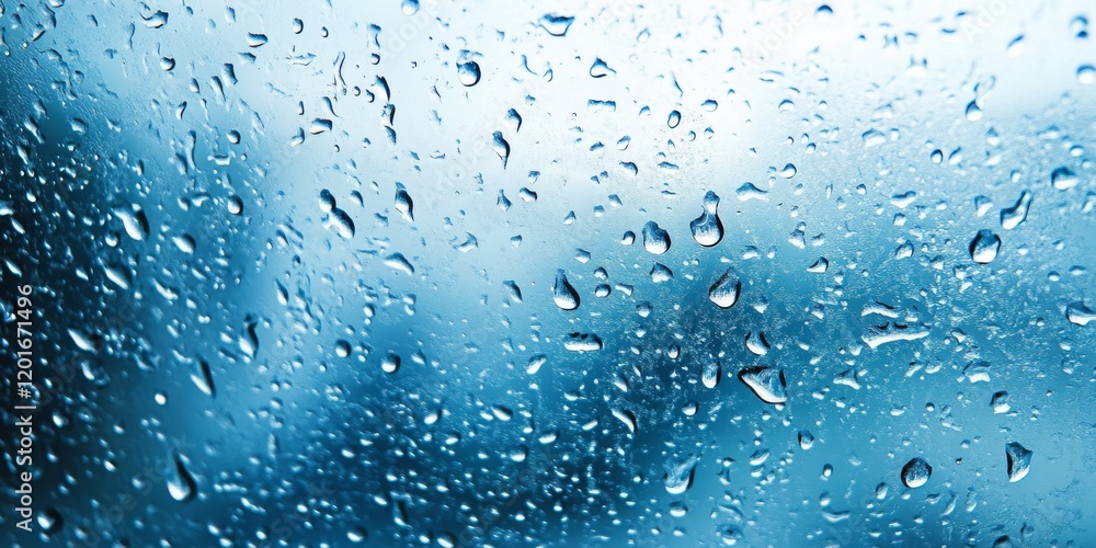 Abstract view of water and rain drops on glass, showcasing drops of rain on a blue glass background, highlighting the beauty of water and rain within this artistic image. Abstract view of water and rain drops on glass, showcasing drops of rain on a blue glass background, highlighting the beauty of water and rain within this artistic image.