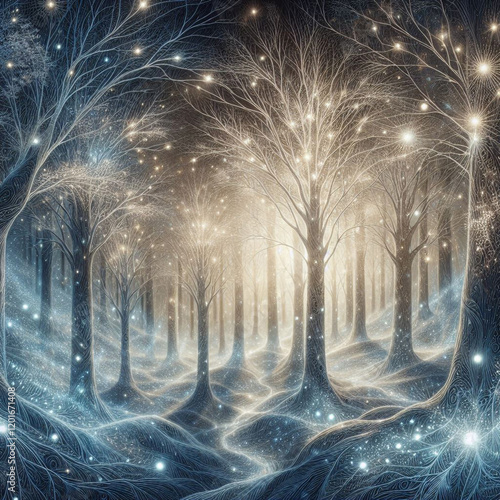 Enchanted Woodland with Glowing Branches and Mystical Light photo