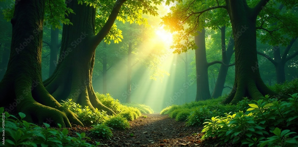 Obraz premium Lush forest canopy with twinkling sunlit undergrowth, serene, sparkle