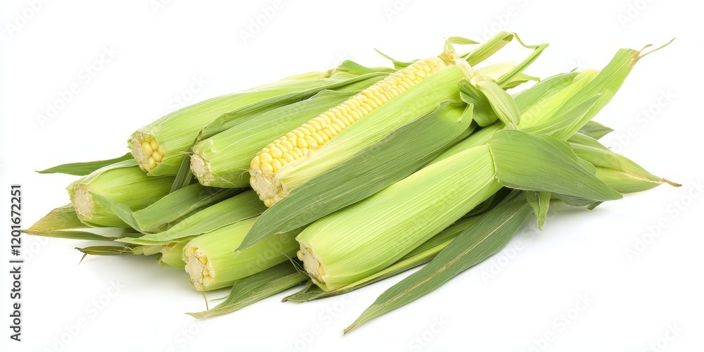 Fresh organic corn with vibrant green husks, beautifully showcased on a white background, highlights the natural appeal of corn, making it a perfect subject for various compositions. Fresh organic corn with vibrant green husks, beautifully showcased on a white background, highlights the natural appeal of corn, making it a perfect subject for various compositions.