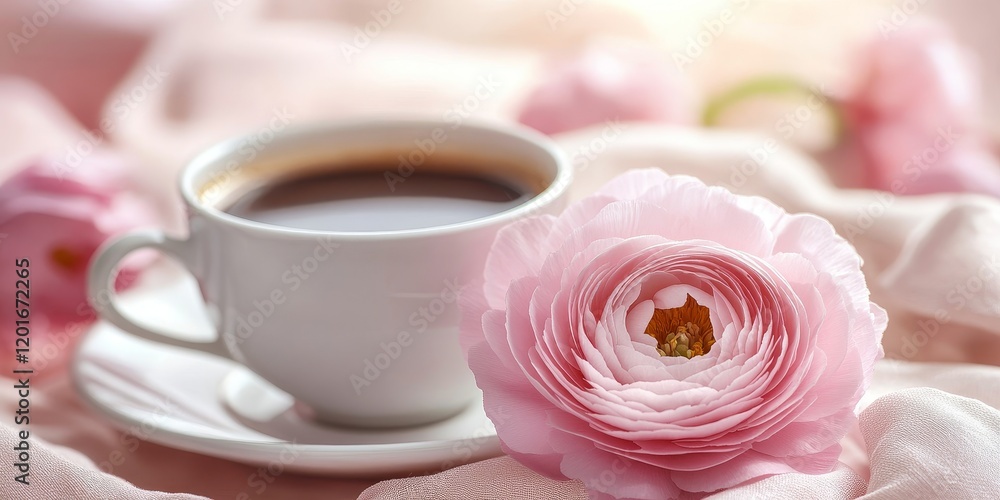 Beautiful pink Persian buttercup alongside a cozy cup of coffee, creating a delightful setting that highlights the charm of pink Persian buttercup and the warmth of coffee. Beautiful pink Persian buttercup alongside a cozy cup of coffee, creating a delightful setting that highlights the charm of pink Persian buttercup and the warmth of coffee.