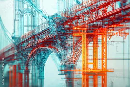 A bridge design blueprint with intricate details of the structure, including steel beams and architectural