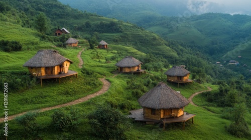 Collective camping experience featuring ethnic tourist accommodations in wooden guest houses, set against lush green hills. Enjoy the serene countryside and rural charm amidst highland landscapes.