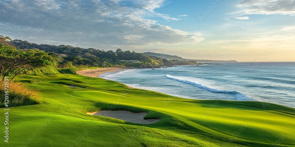 Obraz premium A stunning golf course setting by a beach offers a fantastic view, making it a perfect destination for golf enthusiasts and nature lovers alike, enjoying the beauty of the golf course experience.