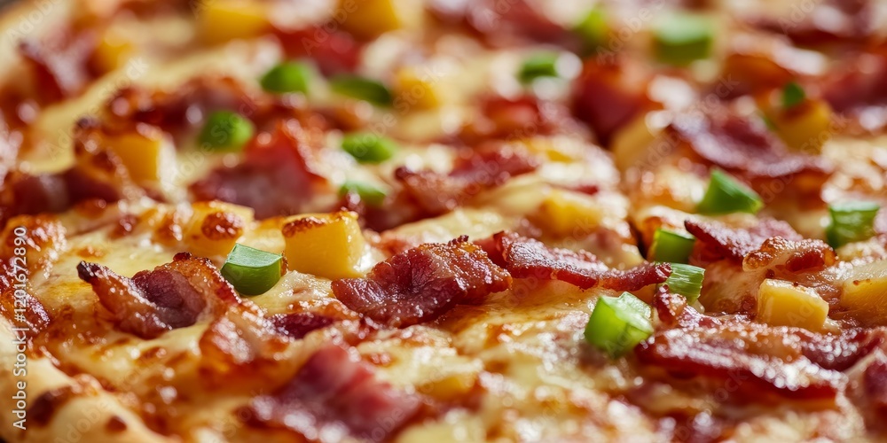 Close up view of a delicious bacon cheese pizza, featuring a Hawaiian twist with toppings that enhance the flavor. This bacon cheese pizza showcases the perfect blend of ingredients for pizza lovers. Close up view of a delicious bacon cheese pizza, featuring a Hawaiian twist with toppings that enhance the flavor. This bacon cheese pizza showcases the perfect blend of ingredients for pizza lovers.