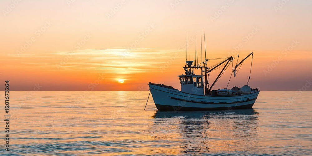 Serene Small Fishing Boat on Calm Waters During Sunset with Beautiful Reflections and Gentle Waves in a Tranquil Natural Setting Serene Small Fishing Boat on Calm Waters During Sunset with Beautiful Reflections and Gentle Waves in a Tranquil Natural Setting