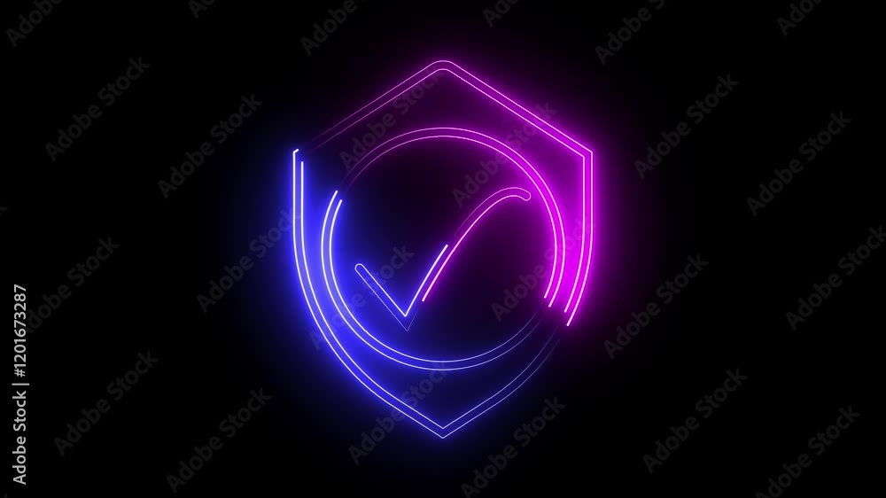 A neon security check mark icon animates with a glowing outline, pulsing softly as it appears, then solidifies with a vibrant, steady light, signaling confirmation. A neon security check mark icon animates with a glowing outline, pulsing softly as it appears, then solidifies with a vibrant, steady light, signaling confirmation.