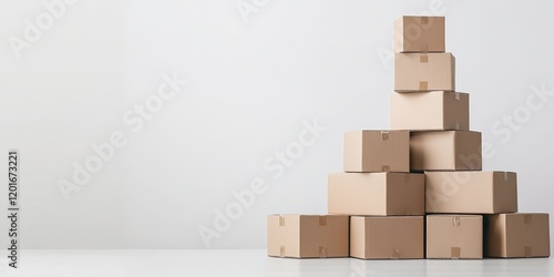 A stack of cardboard boxes is presented in isolation against a white background, showcasing the versatility and utility of cardboard boxes for various storage and shipping needs. photo