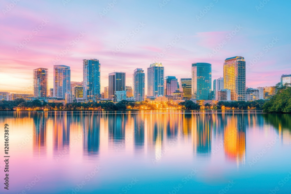 Naklejka premium Stunning city skyline at dusk with vibrant reflections on water showcasing a breathtaking view of modern architecture, urban charm, and serene beauty of nature combined.