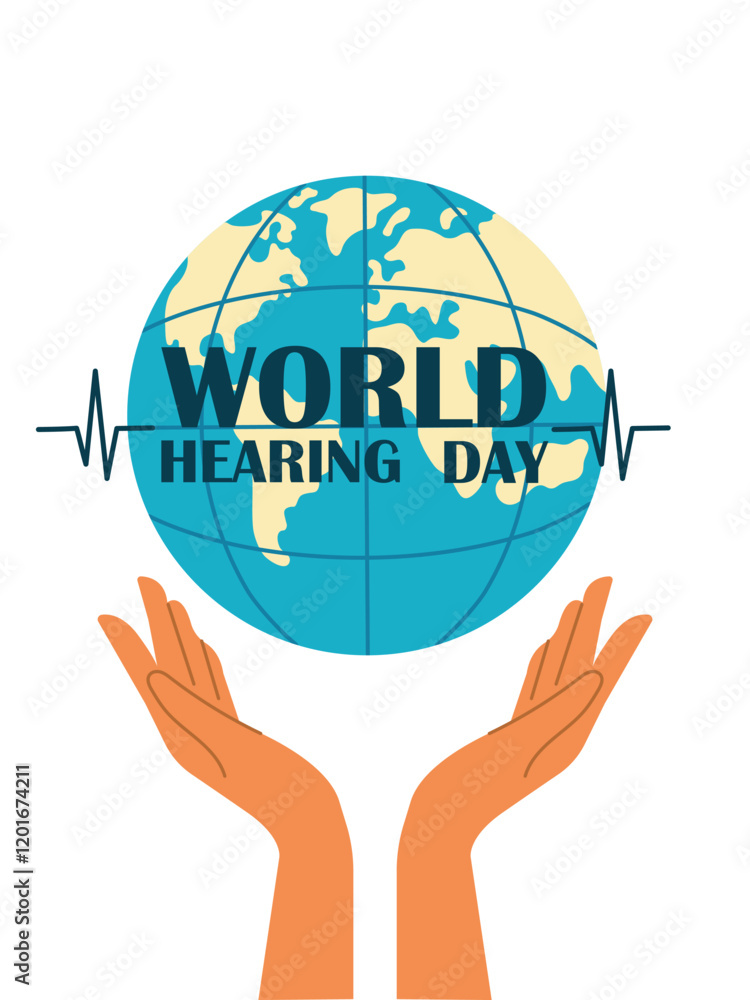 Human hands holding planet with inscription World Hearing Day. Human hands holding planet with inscription World Hearing Day.