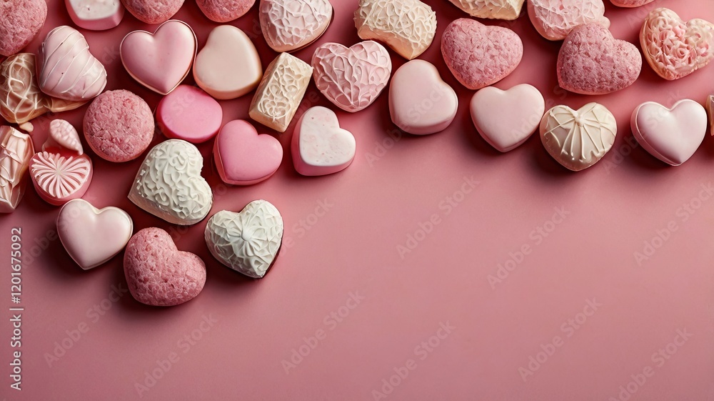 Romantic Heart-Shaped Candies Border on Pink Backdrop for Valentine’s Day Romantic Heart-Shaped Candies Border on Pink Backdrop for Valentine’s Day