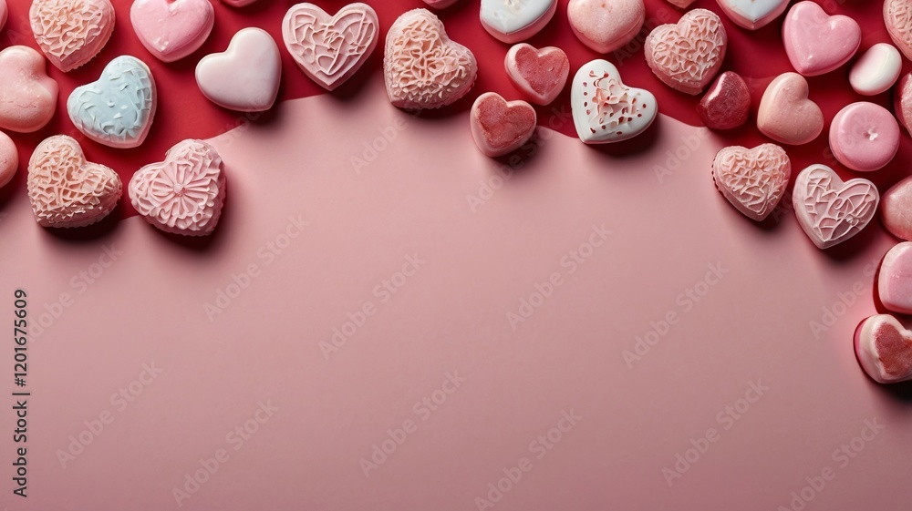 Romantic Heart-Shaped Candies Border on Pink Backdrop for Valentine’s Day Romantic Heart-Shaped Candies Border on Pink Backdrop for Valentine’s Day