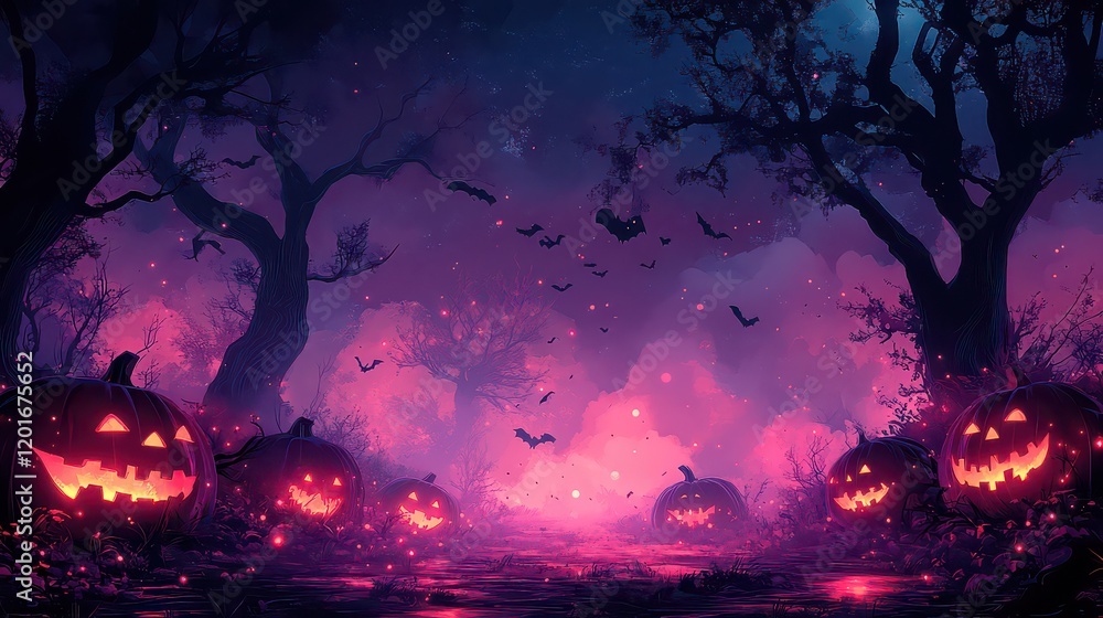 Glowing jack-o'-lanterns in a spooky forest at night.