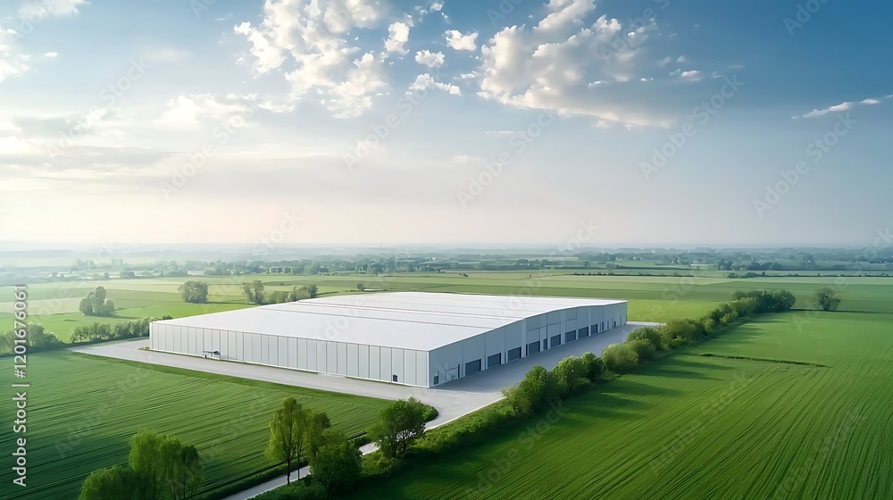 Aerial shot of a distribution warehouse surrounded by farmland Aerial shot of a distribution warehouse surrounded by farmland