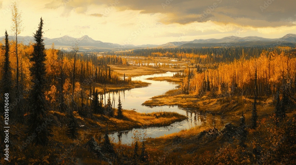 Fototapeta premium Scenic autumn landscape with winding river, golden aspen trees, and distant mountains under a dramatic sky.