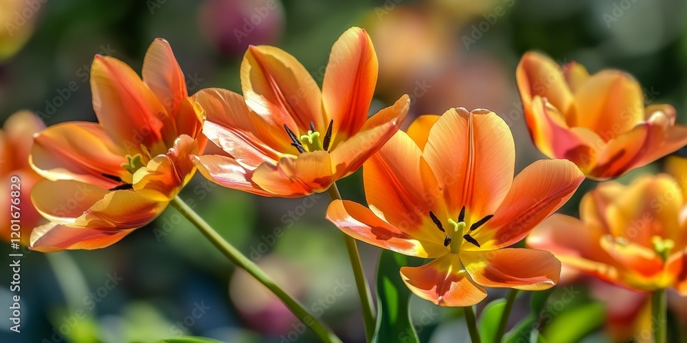 Bright tulip blooms showcasing their fully opened petals during the spring season, captured in a close up perspective, highlighting their vivid colors and beauty. Bright tulip blooms showcasing their fully opened petals during the spring season, captured in a close up perspective, highlighting their vivid colors and beauty.