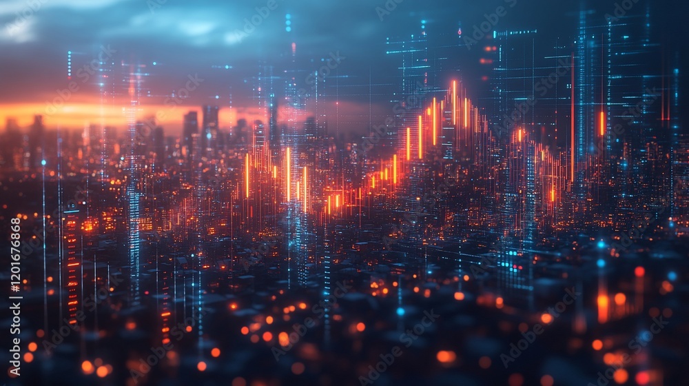 Fototapeta premium Cityscape Data Rise Sunset