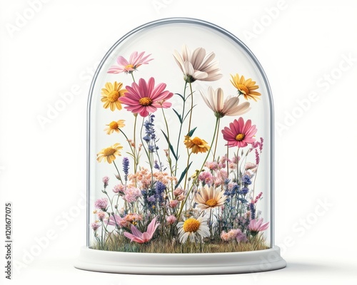 A beautiful arrangement of vibrant flowers encased in a glass dome. photo