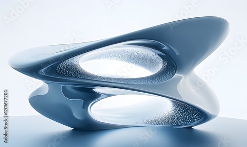 Abstract blue glossy sculpture with organic curves and voids.