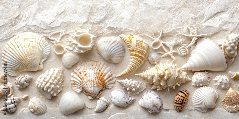 Textured aesthetic of shells displayed on an ivory background, highlighting the intricate details and natural beauty of shells in a visually appealing manner. This shells aesthetic captivates Textured aesthetic of shells displayed on an ivory background, highlighting the intricate details and natural beauty of shells in a visually appealing manner. This shells aesthetic captivates