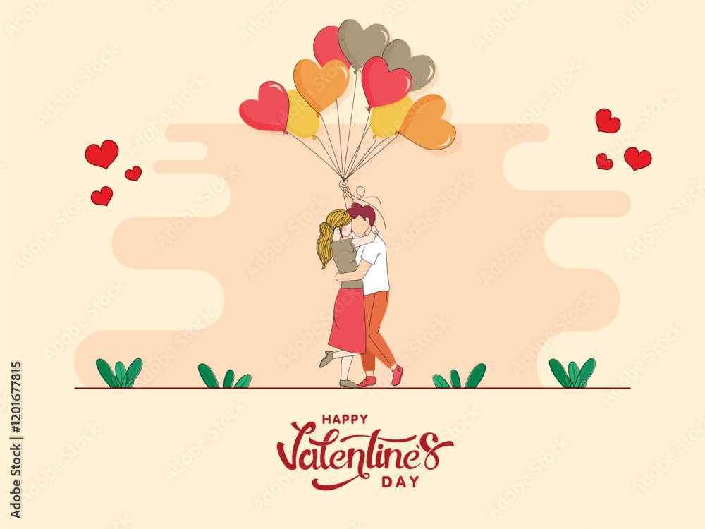 Happy Valentine's Day Greeting Card with Romantic Couple Holding Balloons Illustration. Happy Valentine's Day Greeting Card with Romantic Couple Holding Balloons Illustration.