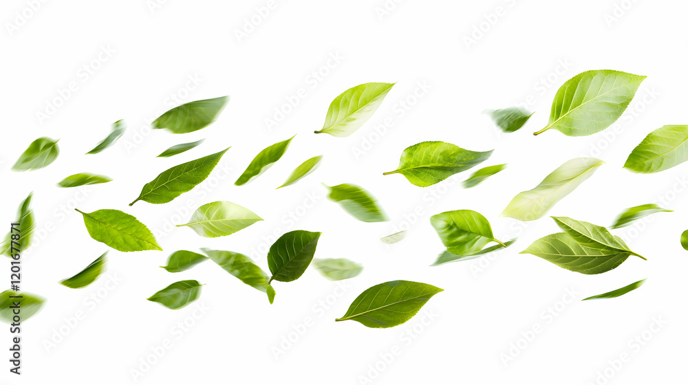 Naklejka premium Falling Green Leaves White Background Nature Image