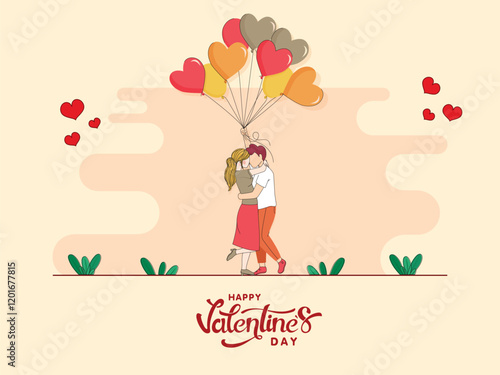 Happy Valentine's Day Greeting Card with Romantic Couple Holding Balloons Illustration.