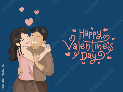 Happy Valentine's Day Greeting Card with Happy Couple Character Hugging on Blue Background.