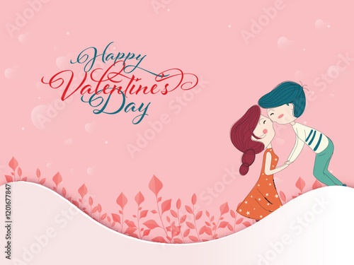 Happy Valentine's Day Greeting Card with Romantic Couple Kissing on Pink and White Background.