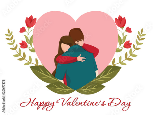 Happy Valentine's Day Greeting Card with Romantic Couple Hugging, Floral Decorated on Pink Heart and White Background.