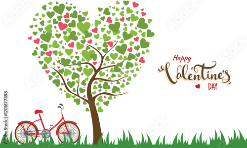 Happy Valentine's Day Greeting Card with Hearts Tree and Bicycle on Grass Background.