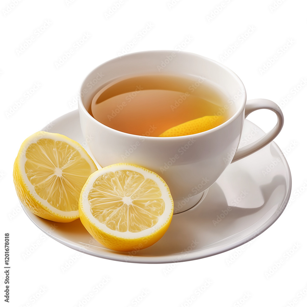 White cup of black tea with lemon on a transparent background, White cup of black tea with lemon on a transparent background,
