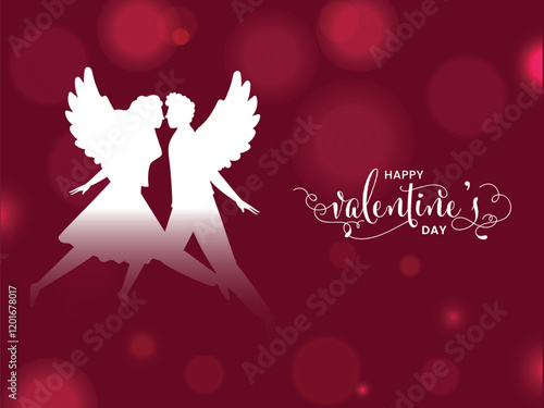 Happy Valentine's Day Poster Design with Silhouette Love Angel Couple on Red Bokeh Background.