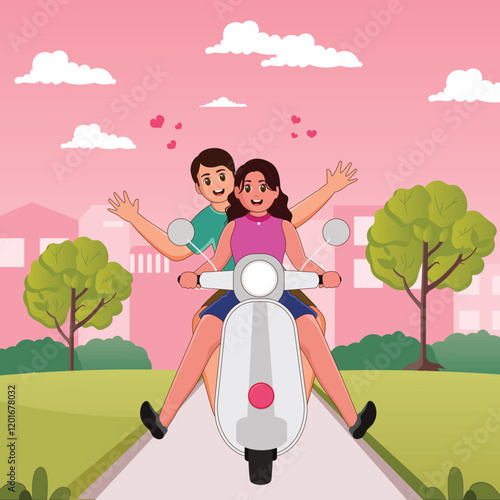 Vector Illustration of Cheerful Couple Riding Scooter on Street Surrounded by Nature View for Happy Valentine's Day and Friendship Day.