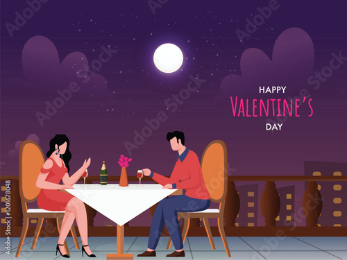 Happy Valentine's Day Poster Design with Faceless Couple Character Enjoying Dating Night at Roof.