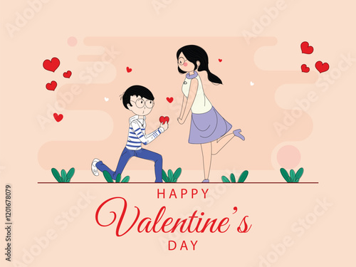 Happy Valentine's Day Greeting Card with Cartoon Boy Proposing to His Girlfriend Illustration.