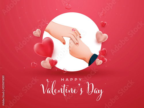 Happy Valentine's Day Greeting Card with Couple Hands, Hearts on Red and White Background.
