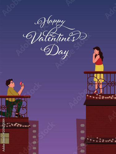 Happy Valentine's Day Poster Design with Man Proposing to His Girlfriend on Their Roof.