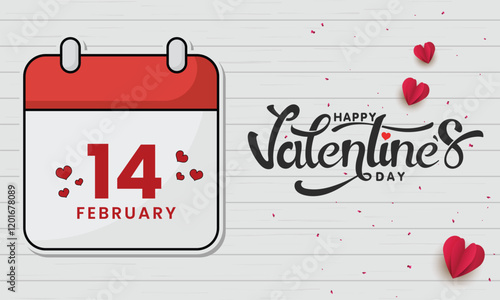 Happy Valentine's Day Banner with 14 February Calendar and Hearts on White Background.