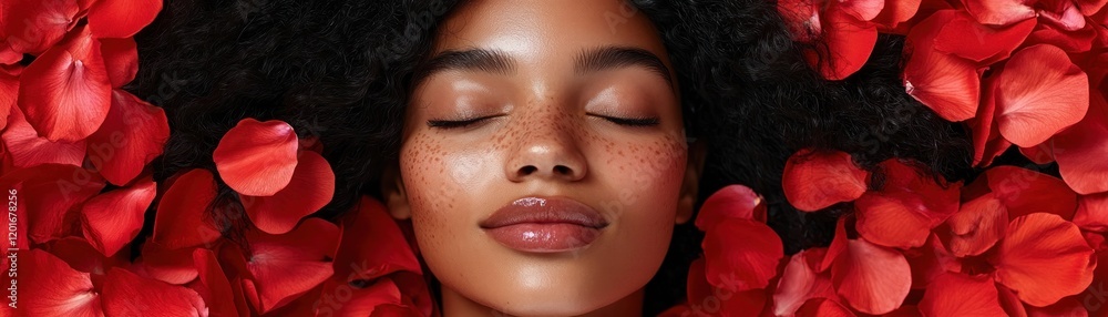 Fototapeta premium Hope Valentine, a Serene Beauty Immersed in a Cascade of Crimson Rose Petals, Embracing Passion and Romance in the Air This breathtaking image captures the essence of love, beauty, and tranquility, a