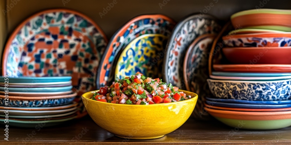 A vivid yellow ceramic bowl filled with lively salsa is positioned in front of an open kitchen cabinet adorned with a variety of colorful plates. A vivid yellow ceramic bowl filled with lively salsa is positioned in front of an open kitchen cabinet adorned with a variety of colorful plates.