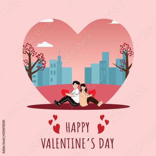 Happy Valentine's Day Poster Design with Cartoon Couple Sitting in Front of Buildings and Heart Trees on Peach Background.
