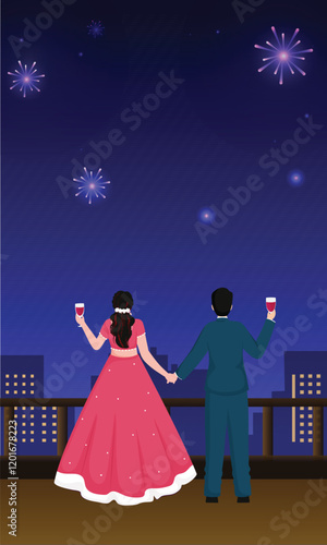 Back View of Couple Enjoying Drinks and Looking Fireworks in Sky at Roof for Celebration Concept.